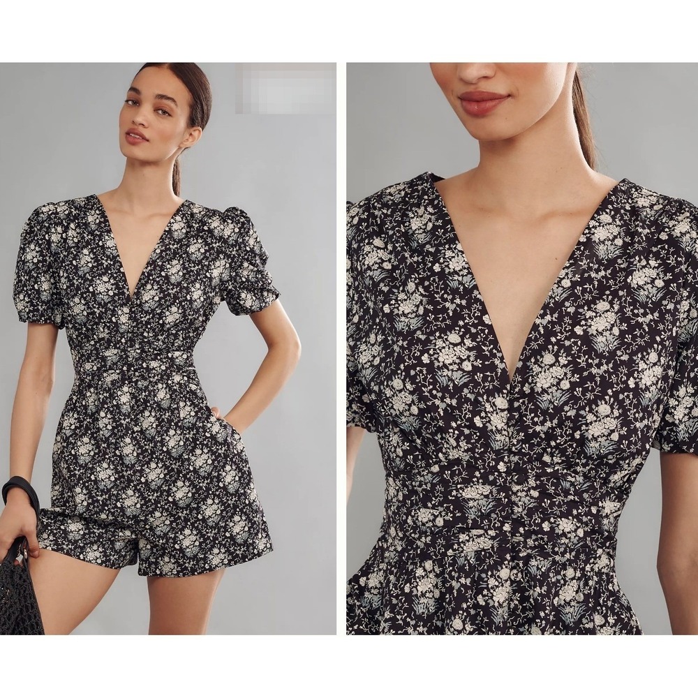 Anthropologie The Katerina Button-Front Romper Size M Black Floral‎